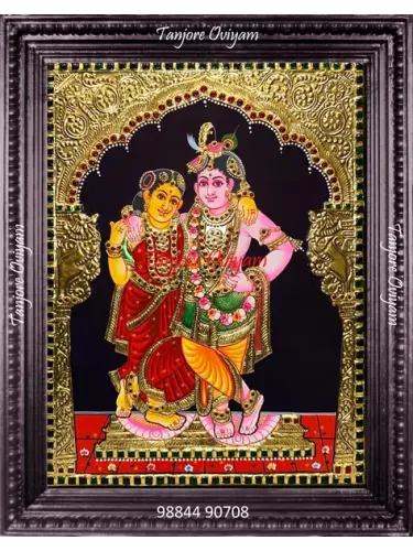 Couple Tanjore painting of Radha Krishna close pose gold foil traditional romantic artwork